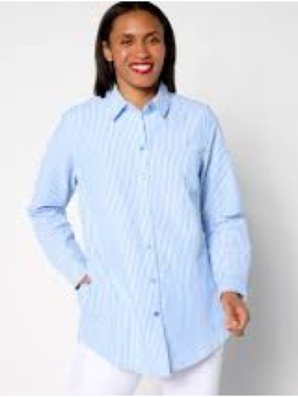 Joan Rivers Blue & White Seersucker Stripe Button-Down Shirt Women’s M